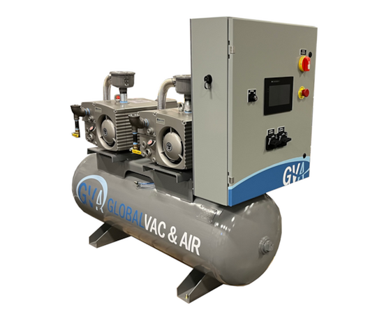 GlobalVac VR03B-XXD-12H, Duplex 3.5 HP Rotary Vane Vacuum System, 52 ACFM, 29.9" Ultimate Vacuum, 80 Gallon, 3-Phase